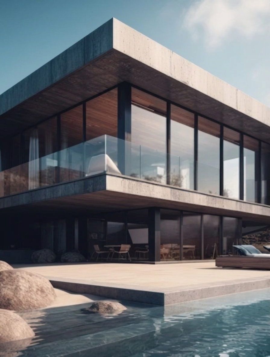 Casa moderna de dois pavimentos com grandes panos de vidro