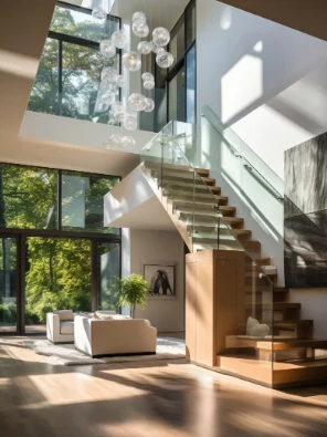 Interior sofisticado com pé-direito alto e escada escultural